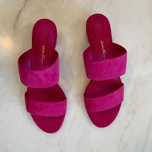 Salvatore Ferragamo Women’s Pink Bergonia Suede Floral Heel Sandals